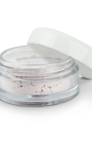 Clear pot with pink powder in with a white lid partially covering it